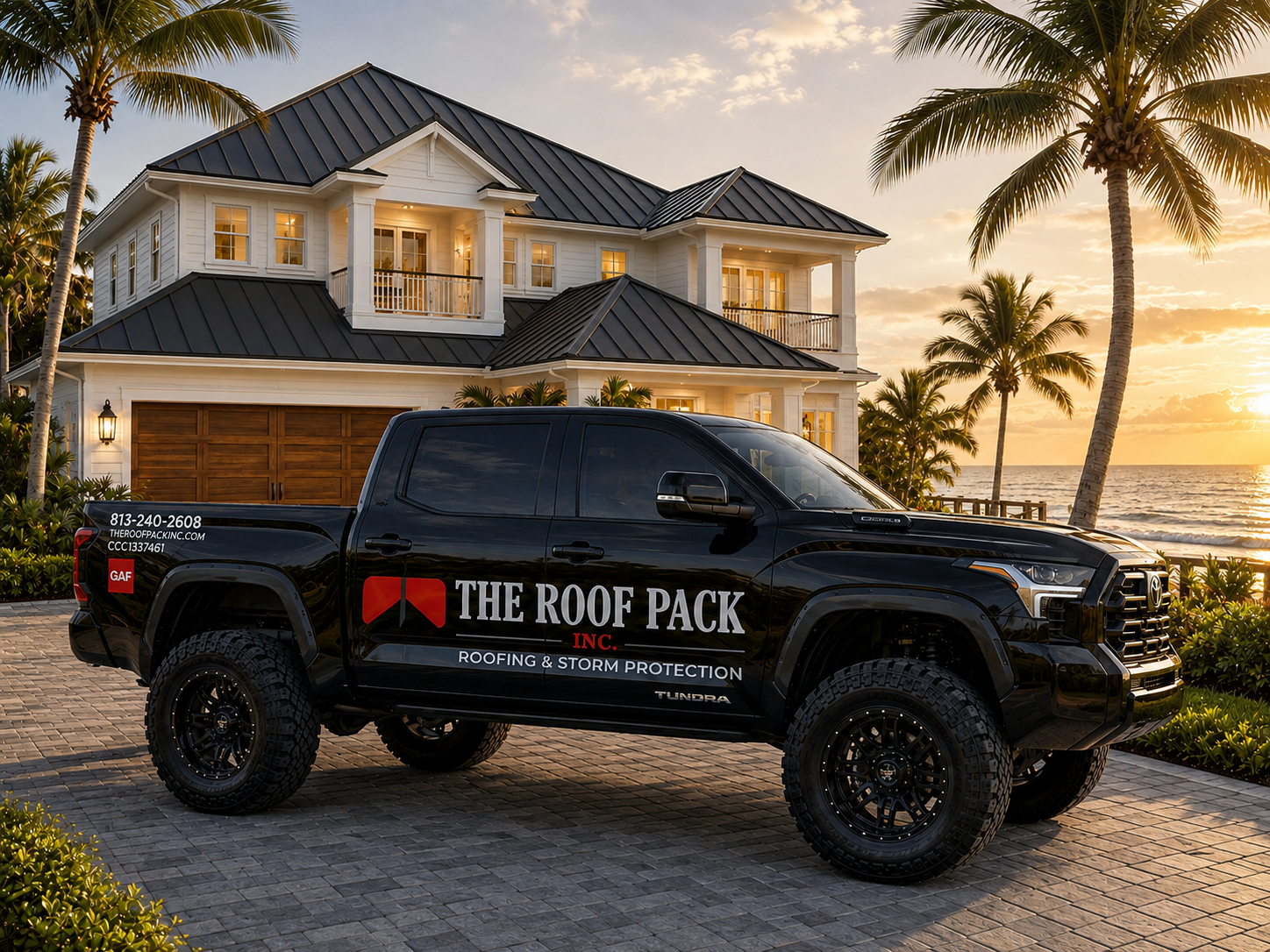 Black contractor pickup truck in front of a luxury Tampa home at golden hour