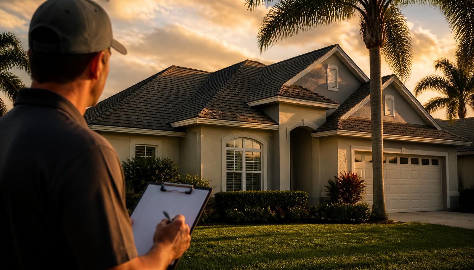 Roofing inspector reviewing a Florida home with a new shingle roof at sunset