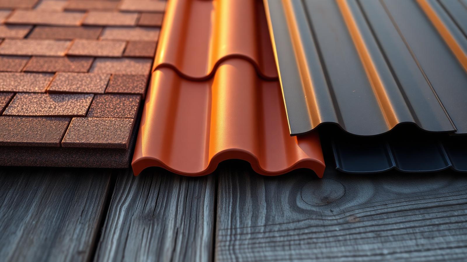 Asphalt shingle, barrel tile and standing seam metal roofing samples side by side