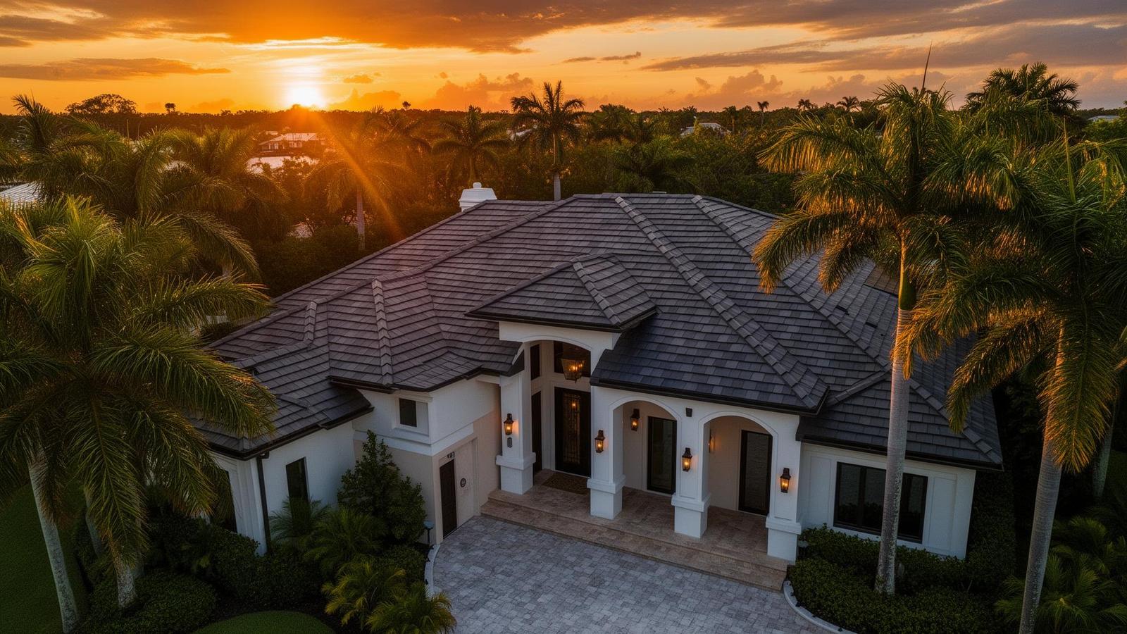 Aerial view of a hip-roofed Florida home surrounded by palm trees at sunset