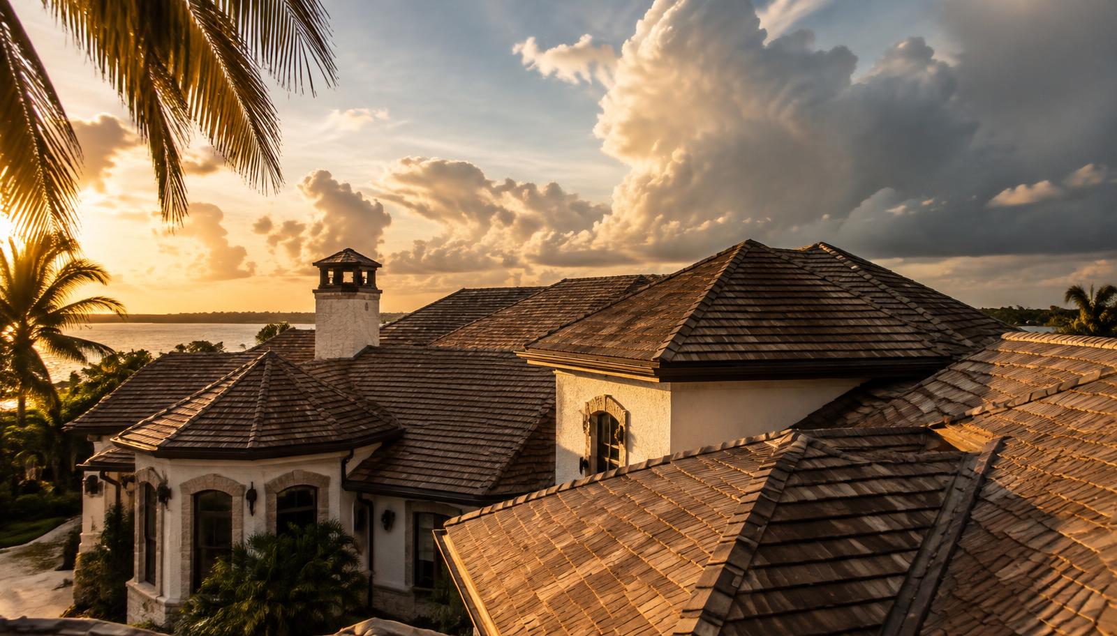 Sun beaten Florida tile and shingle rooflines on a coastal home at golden hour